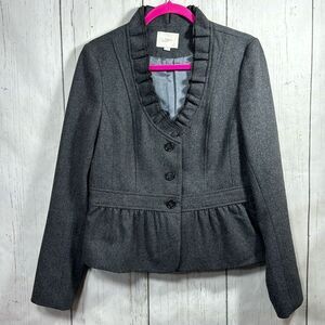 LOFT Wool Blend Ruffle Trim Blazer Gray Size 10 Workwear Classic Feminine